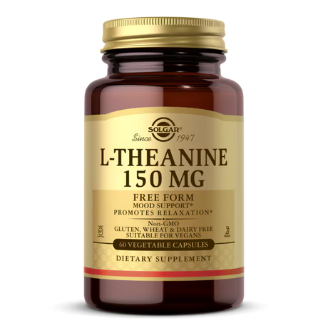 A brown glass bottle labeled "L-Theanine 150 MG" contains 60 vegetable capsules, promoting relaxation and mood support, with a gold cap and a non-GMO, vegan-friendly certification.