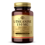 A brown glass bottle labeled "L-Theanine 150 MG" contains 60 vegetable capsules, promoting relaxation and mood support, with a gold cap and a non-GMO, vegan-friendly certification.