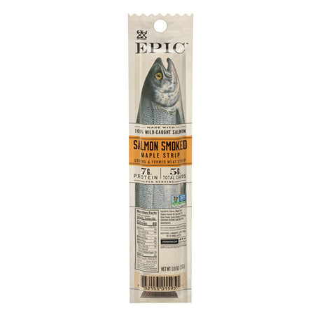 A packaged strip of EPIC Salmon Smoked Maple, featuring a fish graphic, highlights its 100% wild-caught salmon ingredients, with nutritional information and a focus on protein content.