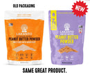 Two bags of Lakanto peanut butter powder side by side, one with orange packaging labeled "Old Packaging" and the other with purple packaging labeled "New," highlighting the product's no sugar added and keto-friendly features.