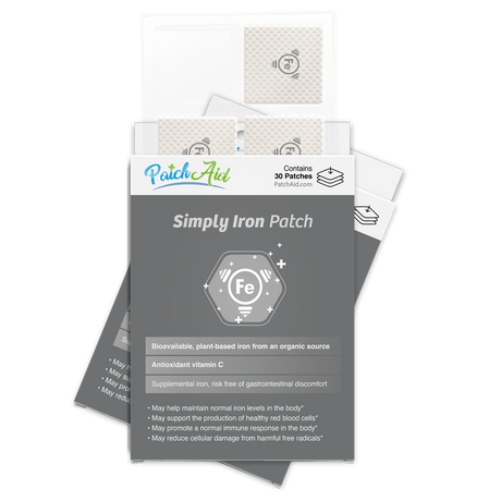 A package of Simply Iron Patches from PatchAid, featuring a gray background with text highlighting benefits, contains 30 patches designed to support iron levels and overall health.