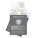 A package of Simply Iron Patches from PatchAid, featuring a gray background with text highlighting benefits, contains 30 patches designed to support iron levels and overall health.