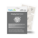 A package of Simply Iron Patches from PatchAid, featuring a gray background with text highlighting benefits and ingredients, alongside a view of the patches inside, promoting iron supplementation.