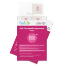 A colorful packaging of Slim Trim Appetite Suppressant patches displays the product name and benefits, featuring a pink background with icons related to appetite control and health support.