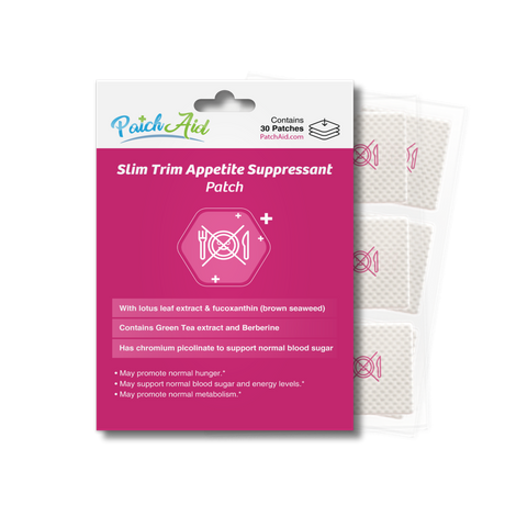 Slim Trim Appetite Suppressant Patches with lotus leaf, fucoxanthin, green tea, berberine and chromium picolinate. Contains 30 patches.