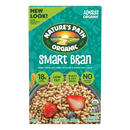 A colorful cereal box labeled "Nature's Path Organic Smart Bran" features images of the cereal with strawberries and blueberries, highlighting its organic ingredients and nutritional benefits.