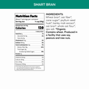 Nutrition facts label for "Smart Bran" cereal, detailing serving size, calories, and ingredients like wheat bran, oat fiber, and cane sugar, with notes on allergens and organic certification.