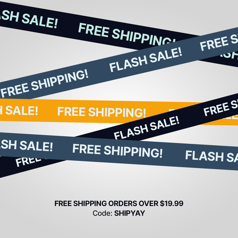 Colorful banners announce a flash sale with "Free Shipping!" and promotional details, set against a light gray background, highlighting the offer code "SHIPYAY" for orders over $19.99.