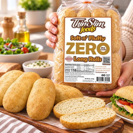 ThinSlim Foods Soft n’ Fluffy Zero Net Carb Long Rolls with 110 calories and 14 grams of protein per roll. Four rolls per package.
