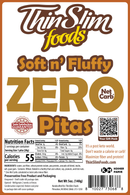 ThinSlim Foods Soft n’ Fluffy Zero Net Carb Pitas with 7 grams of protein, 7 grams of fiber and 55 calories per pita. Five pitas per package.