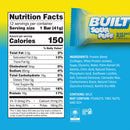 A bright blue and yellow nutrition label for "Built Sour Puff" protein bars displays serving size, calories, and ingredient details, emphasizing its flavor and nutritional content.