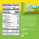 A nutrition facts label for a green apple-flavored protein bar shows serving size, calories, and detailed ingredient information, with a bright yellow background and a wrapped bar on the side.