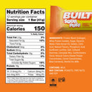 Nutrition facts label for Built Sour Puff protein bar, detailing serving size, calories, and nutrient content, with bright orange background and a yellow bar graphic at the top.