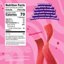A vibrant pink background features a close-up of sour strawberry strips, with bold text highlighting their soft, chewy texture and tangy flavor, alongside detailed nutrition facts.