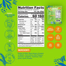 Nutrition facts label for a food product, featuring serving size, calorie count, and ingredient list, set against a bright green background with cooking instructions and product highlights.