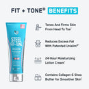 A teal tube of Steel Fit + Tone body firming lotion displays benefits like toning skin, reducing fat, and moisturizing for 24 hours, with icons illustrating each feature on a light background.