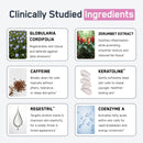 A grid displays six clinically studied skincare ingredients with their names, benefits, and images, highlighting their roles in skin health and appearance improvement.