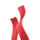 Two vibrant, textured red ribbons twist together against a black background, showcasing their soft, shimmering surface and playful movement.