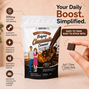 A hand holds a chocolate caramel soft chew near a package labeled "Bariatric Pal Belgian Chocolate Caramel," featuring a couple and highlighting benefits like bone health and energy support.