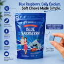 A blue stand-up pouch of BariatricPal Blue Raspberry Calcium Soft Chews is shown on a light blue background, with marketing text and icons around it. A hand holds a single soft chew in the foreground.