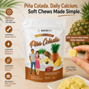BariatricPal Piña Colada dietary supplement soft chews in a stand-up pouch, shown with a hand holding a chew, a bowl of pale yellow chews, and promotional text and icons on a light beige background with pineapple imagery.