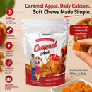 A package of BariatricPal Caramel Apple Calcium Soft Chews is shown on a warm beige background with promotional text and icons. A hand holds one caramel-colored chew cube next to the bag, and more soft cubes are visible in a small dish.