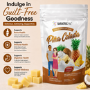 A stand-up pouch of BariatricPal Pina Colada Calcium Citrate Soft Chews shown on a white background with promotional text and icons on the left. The pouch is white and brown with pineapple, mango, and pina colada illustrations.