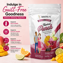 A stand-up pouch of BariatricPal Tropical Punch dietary supplement shown on a pink background with marketing text and fruit slices around it. The package is white with magenta and pink graphics, and the of the package.