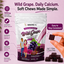 A hand holds a dark purple wild grape soft chew while a stand-up pouch of BariatricPal Wild Grape calcium chelate soft chews is shown on a pink background with marketing callouts and icons.