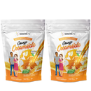 Two identical packages of Bariatric Pal Orange Creamsicle calcium citrate soft chews feature a man and woman smiling beside a splash of orange, highlighting the product's dietary supplement benefits.