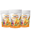 Three bags of Bariatric Pal Orange Creamsicle calcium citrate soft chews are displayed, featuring a man and a woman smiling beside the product, emphasizing its dietary supplement benefits and flavors.