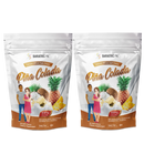 Two bags of Bariatric Pal Pina Colada Calcium Citrate Soft Chews are displayed, featuring a man and woman standing beside a coconut and pineapple, highlighting the product's dietary supplement benefits.