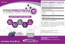 A product label for PreProtein Hydrolyzed Liquid Collagen, featuring nutritional information with 18 grams of protein, 80 calories, and a grape flavor, displayed on a purple and white background.