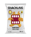 A bag of Snacklins Teriyaki Plant Crisps features a playful design with crispy snacks and highlights that it is made with real vegetables and cooked in avocado oil.