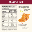 Nutrition facts for Snacklins, featuring a crunchy, airy snack made from yuca, mushrooms, and onions, highlighting its low calorie count of 100 per serving and simple ingredients.