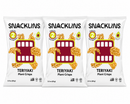 Three bags of Snacklins Teriyaki Plant Crisps are displayed, featuring a playful design with a mouth graphic, highlighting that they are made with real vegetables and are vegan-friendly.
