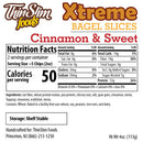 A nutrition label for ThinSlim Foods Xtreme Cinnamon Bagel Slices, detailing serving size, calories, ingredients, and storage information, highlighting its low-calorie content and dietary details.