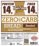 ThinSlim Foods Zero Net Carb Seeded Bread package label with Nutrition Facts, ingredients, and storage instructions.