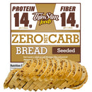 ThinSlim Foods Zero Net Carb Seeded Bread label above a sliced loaf with seeds.