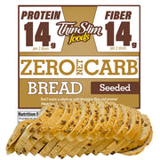 ThinSlim Foods Zero Net Carb Seeded Bread label above a sliced loaf with seeds.