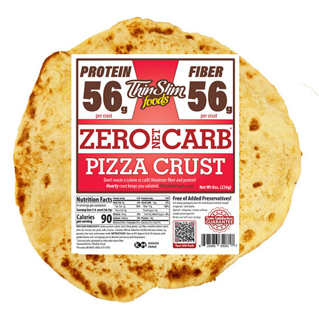 A round pizza crust with a nutrition label prominently displaying "Zero Net Carb Pizza Crust" and nutritional information, featuring high protein and fiber content, set against a plain background.