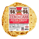 A round pizza crust with a nutrition label prominently displaying "Zero Net Carb Pizza Crust" and nutritional information, featuring high protein and fiber content, set against a plain background.