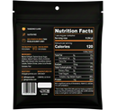 A black packaging featuring nutrition facts for tangerine-flavored gummy candy, highlighting 120 calories per serving, gluten-free status, and ingredients like marine collagen and tapioca syrup.