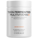 A white container labeled "Teen Fermented Multivitamin+" holds 60 vegetable capsules, highlighting over 25 vitamins and minerals derived from fruits and vegetables, positioned against a plain background.