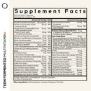 A detailed supplement facts label lists nutrients and their amounts per serving for a teen fermented multivitamin, highlighting vitamins, minerals, probiotics, and blends in a clear, organized format.