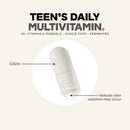 A clear capsule, measuring 0.82 inches, is displayed against a light background, labeled as "Teen's Daily Multivitamin" with notes on its natural color variation and nutrient content.
