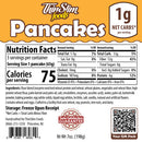 A nutrition label for Thin Slim Foods Pancakes, detailing serving size, calories, and nutritional information, including ingredients and storage instructions, set against a white background.
