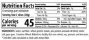 Nutrition facts label detailing servings, calories, and ingredients for a food product, highlighting 45 calories per serving and zero net carbs, with a focus on fiber and protein content.