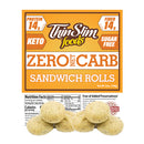 A package of Thin Slim Foods Zero Net Carb Sandwich Rolls, featuring a bright orange label highlighting its keto, sugar-free, and high-protein attributes, with several small rolls displayed in front.