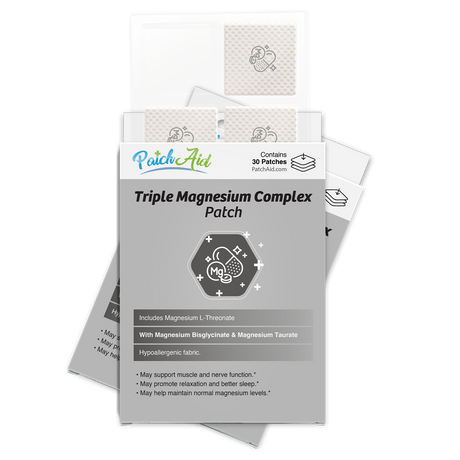 A pack of Triple Magnesium Complex patches is displayed, featuring a sleek design with information about its ingredients and benefits, including support for muscle function and relaxation.